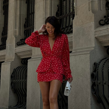 Red floral pleated mini dress