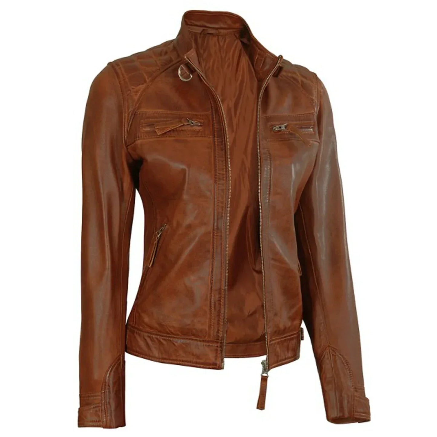 Vintage Brown Leather Jacket Women Slim Fit Biker Style