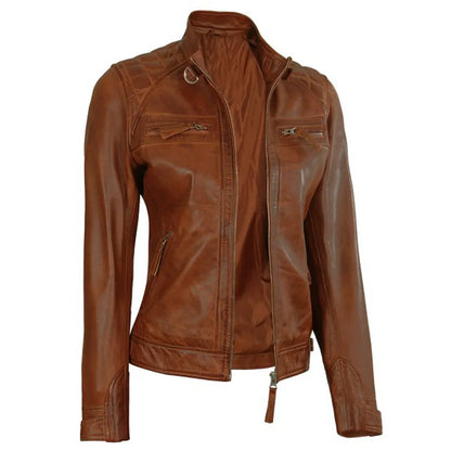 Vintage Brown Leather Jacket Women Slim Fit Biker Style