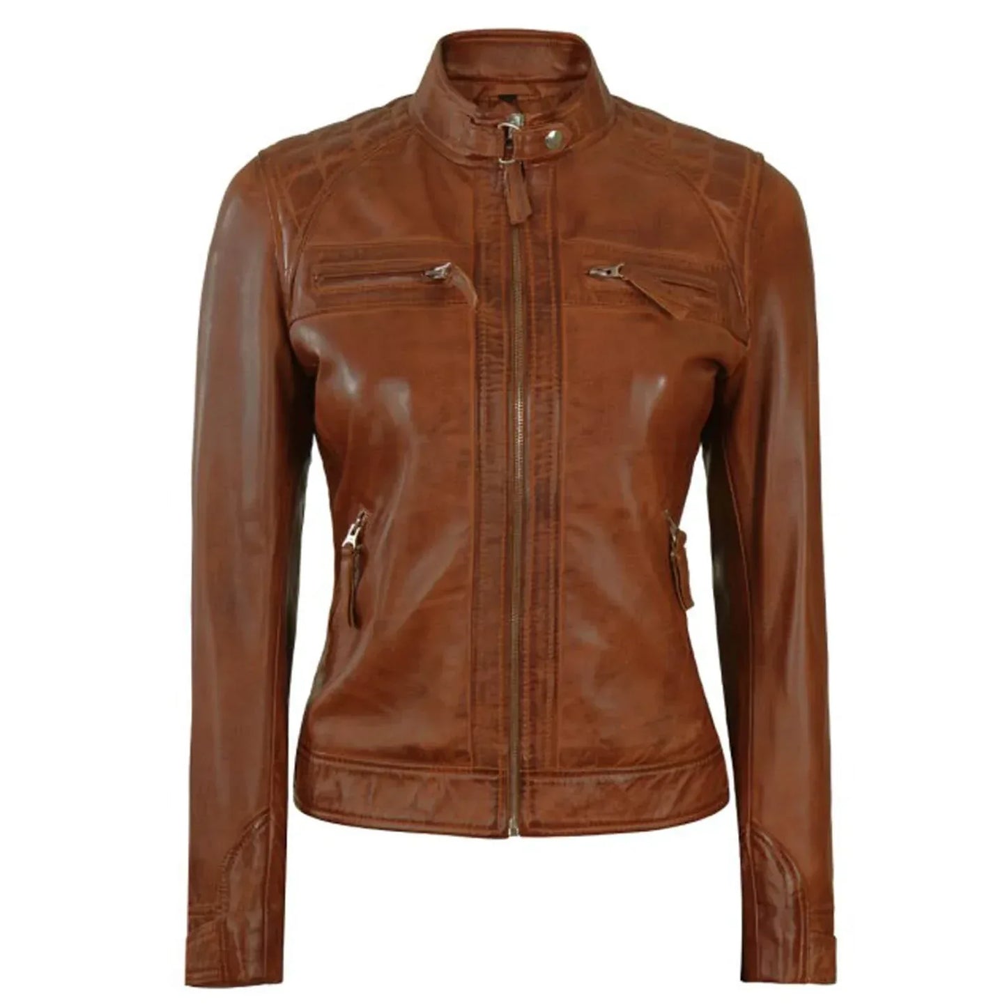 Vintage Brown Leather Jacket Women Slim Fit Biker Style