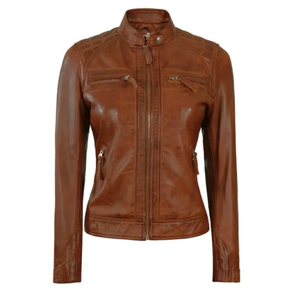 Vintage Brown Leather Jacket Women Slim Fit Biker Style