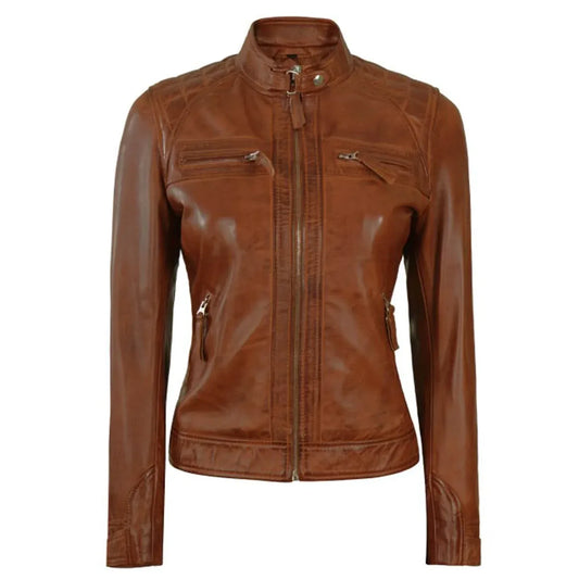 Vintage Brown Leather Jacket Women Slim Fit Biker Style