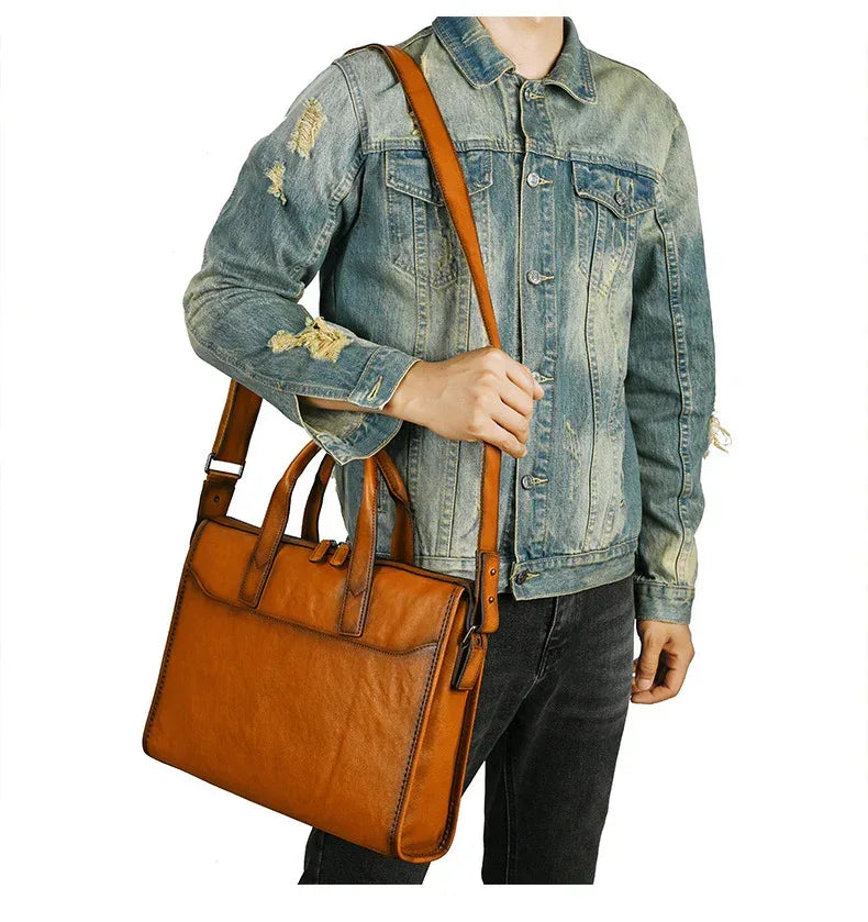 Brown leather messenger bag for men laptop