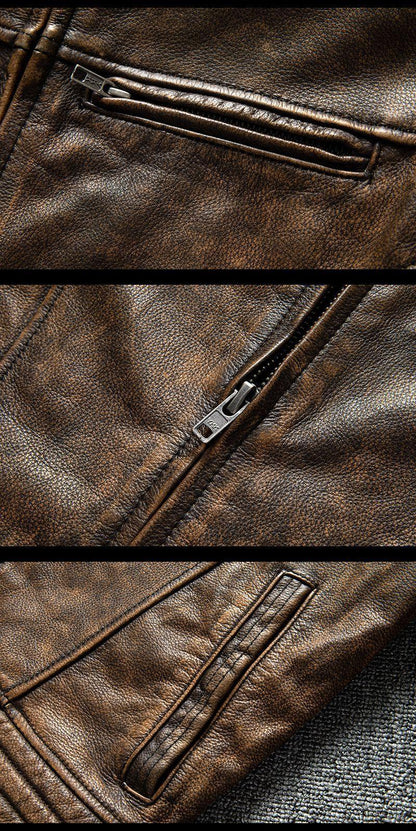 Men's Distressed Leather Biker Jacket in Vintage Brown Cowhide
