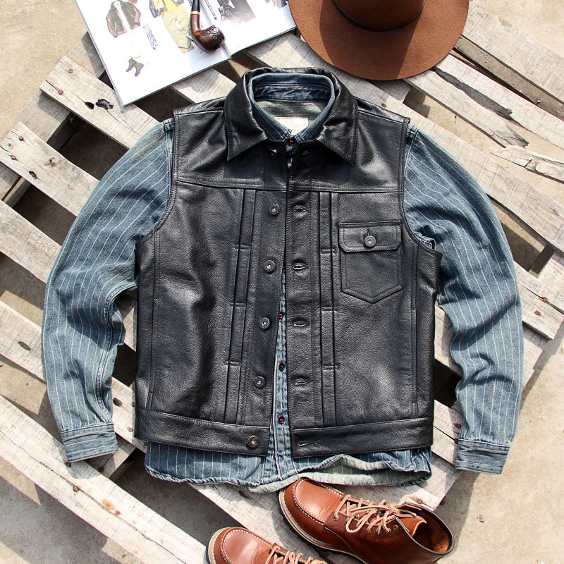 Black vegetable tanned lambskin riding leather vest