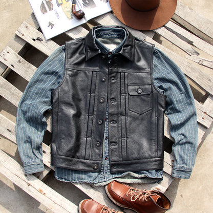 Black vegetable tanned lambskin riding leather vest