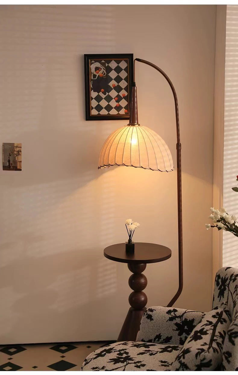 retro wood floor lamp with side shelf lighting