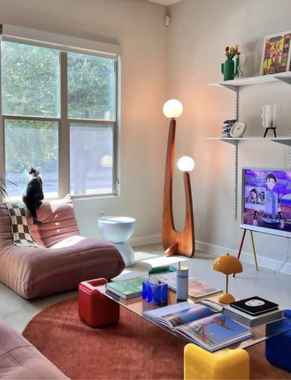 Modern Minimalist Walnut Solid Wood Floor Lamp with Dual Glass