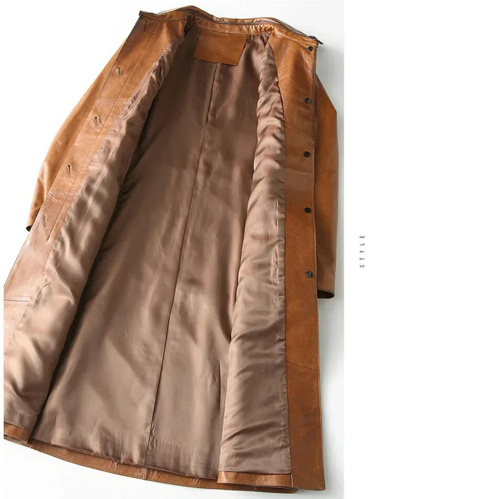 Brown Leather Trench Coat Womens Long Genuine Overcoat