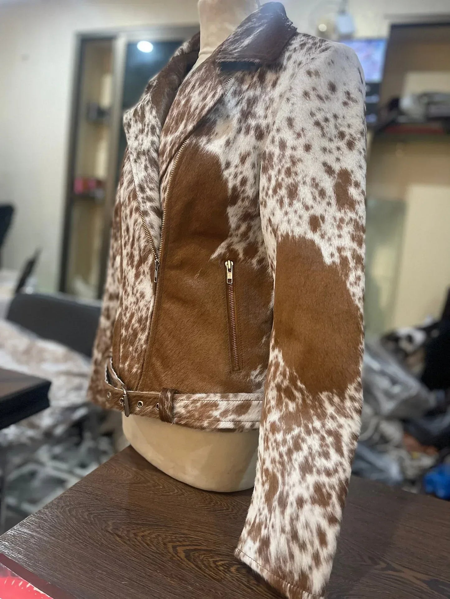 Brown White Cowhide Jacket Womens Hair On Hide Leather Jacket