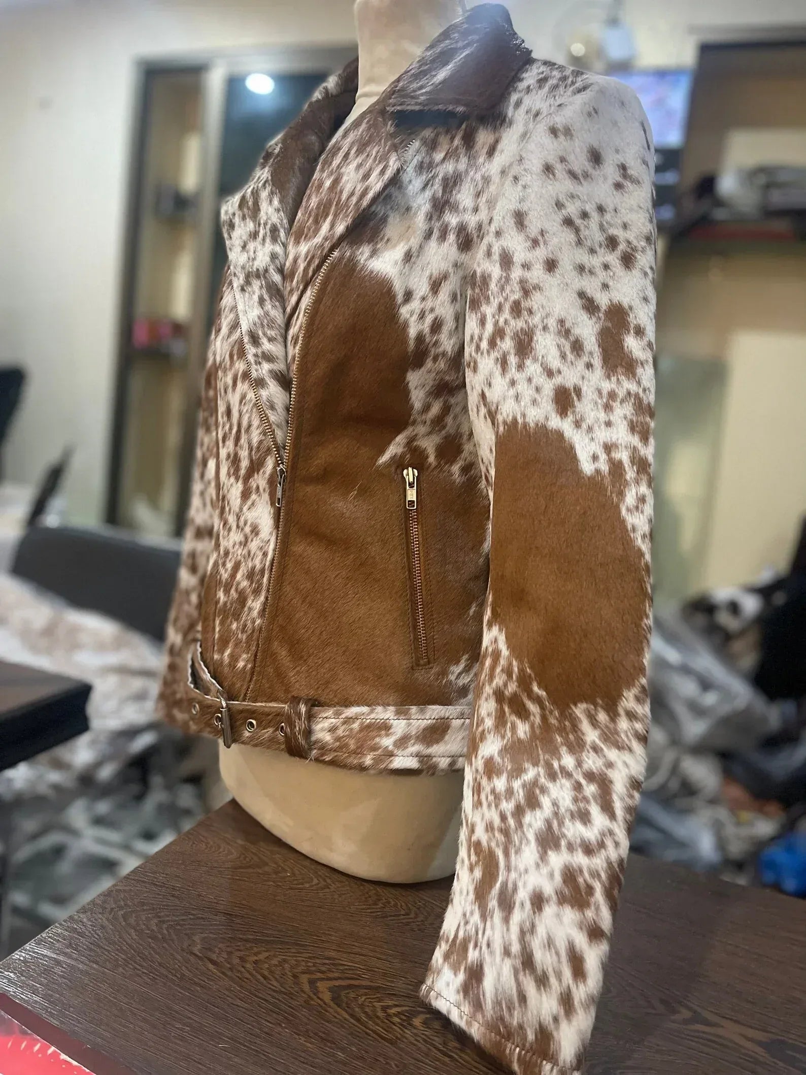 Brown White Cowhide Jacket Womens Hair On Hide Leather Jacket