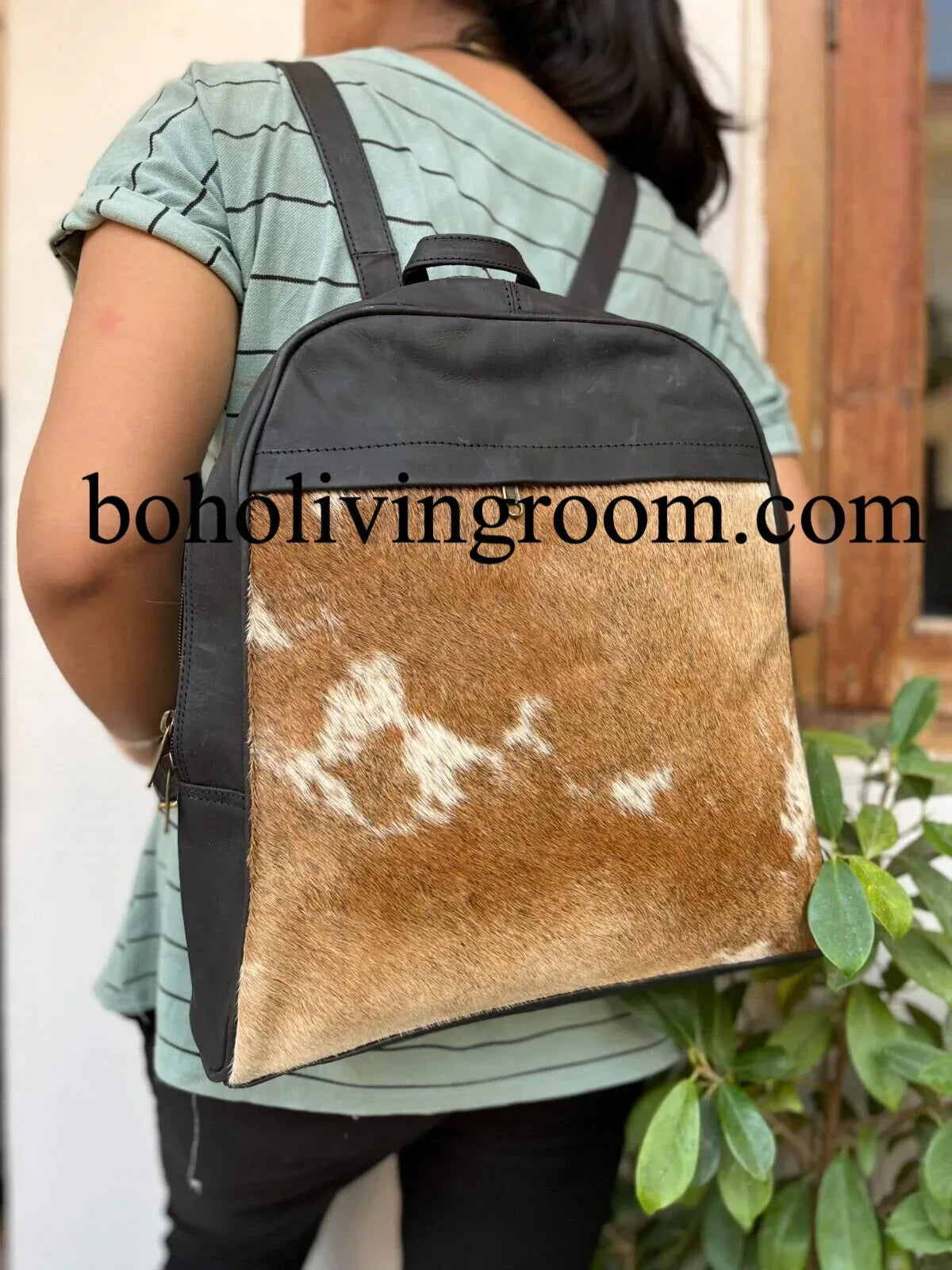 Western Cowhide Leather Backpack Hair On Hide Travel Bag