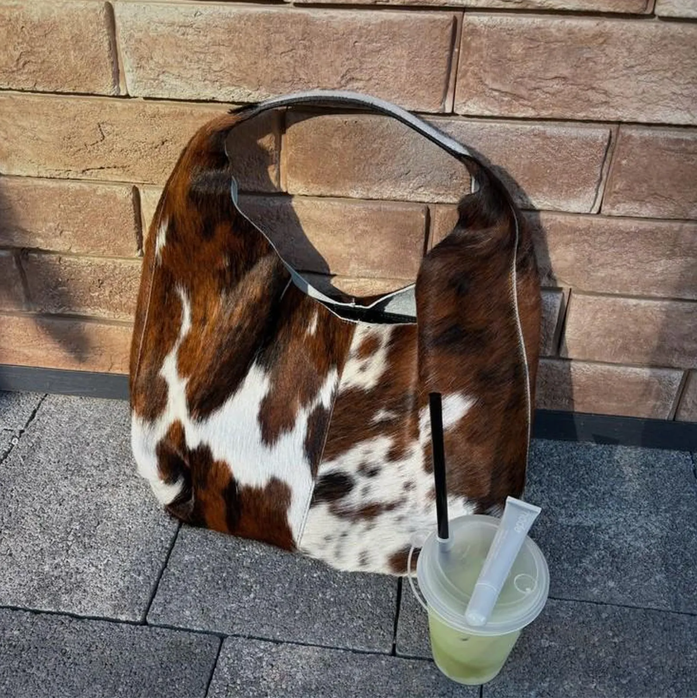 Brown white cowhide hobo shoulder bag for western daily use