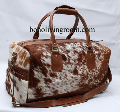 Brown White Cowhide Duffle Bag with Leather Trim
