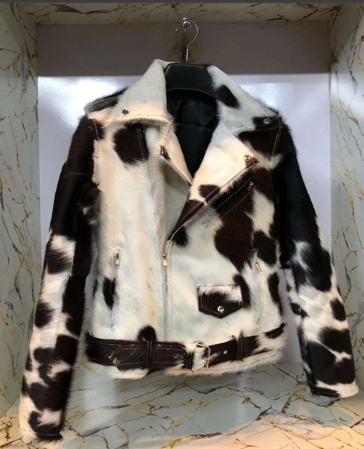 black white real cowhide biker jacket