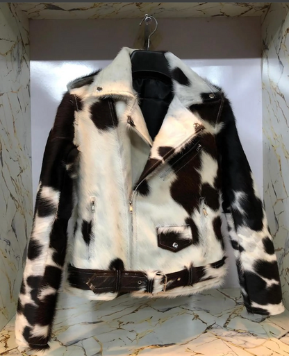 black white real cowhide biker jacket