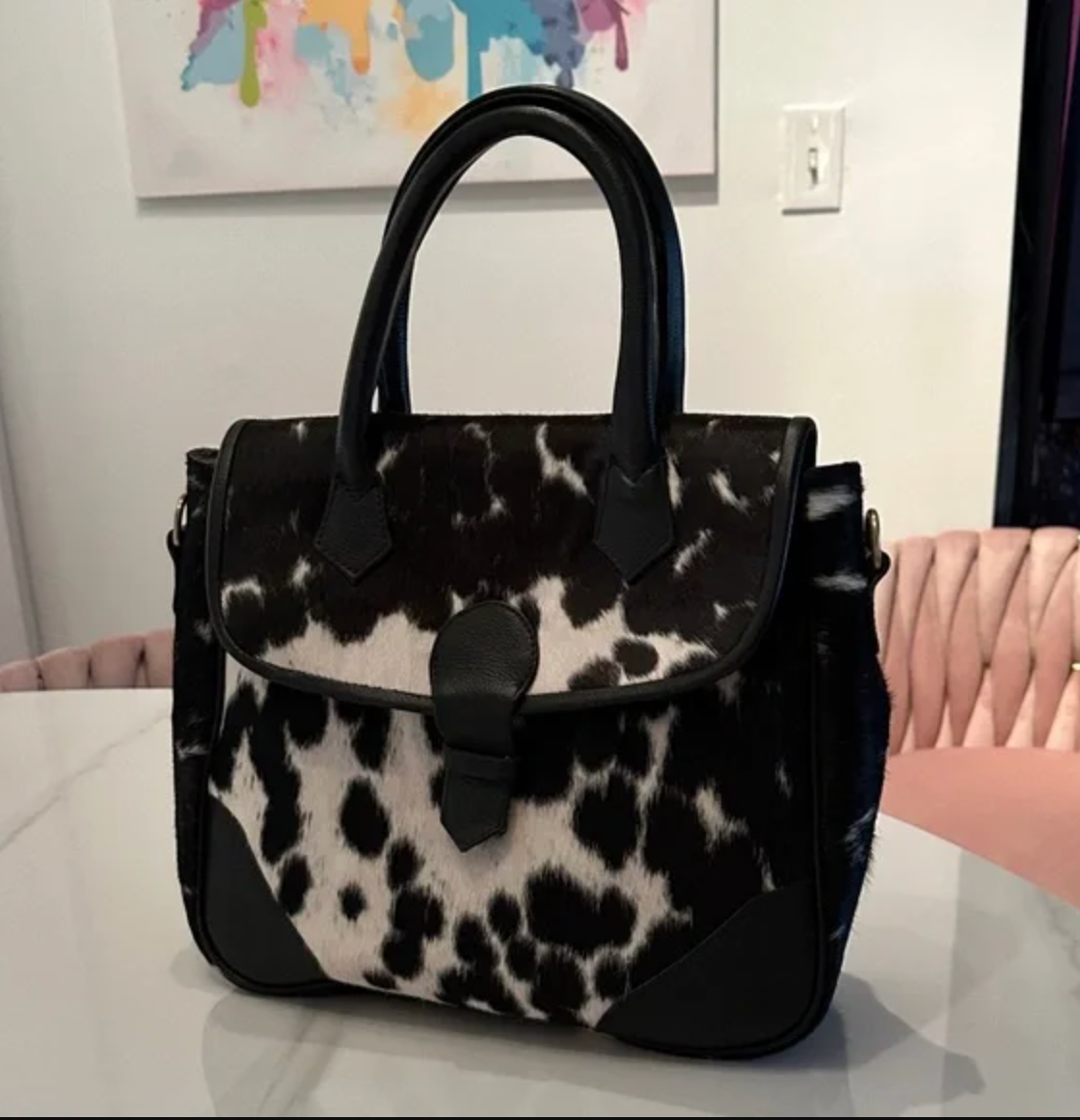 Black white cowhide purse western handbag tote for women