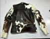Western-style men’s cowhide fur coat with natural cow print hide, zip front, and adjustable belt. Real cowhide jacket mens option with raw edge finish.

