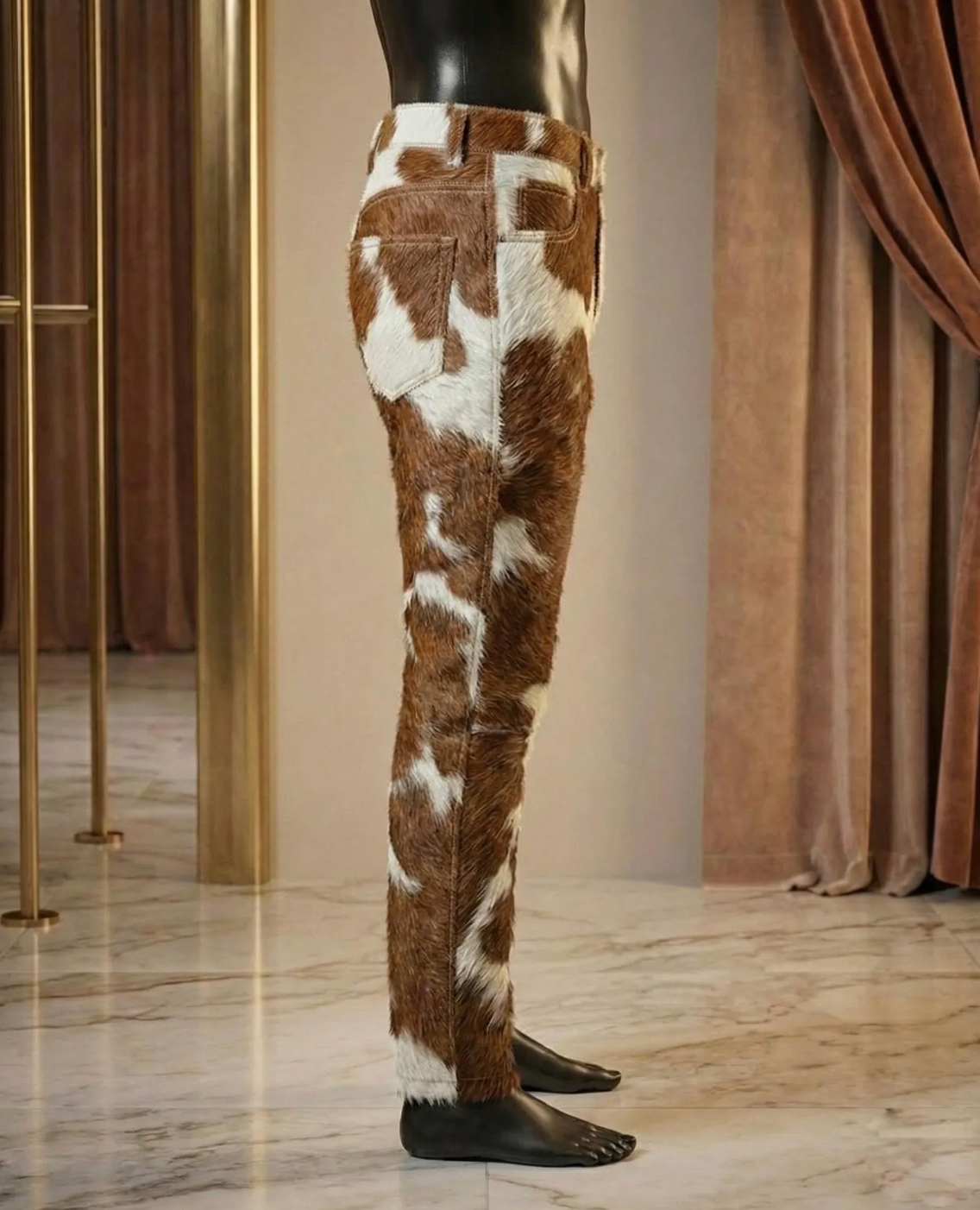 Brown white cowhide pants men western fit