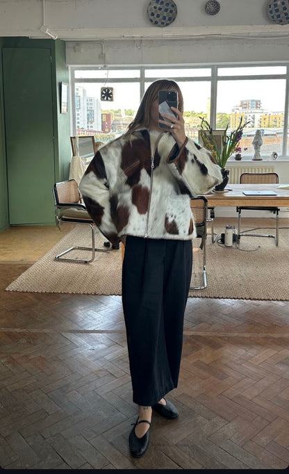 brown white cowhide jacket women western hair on leather
