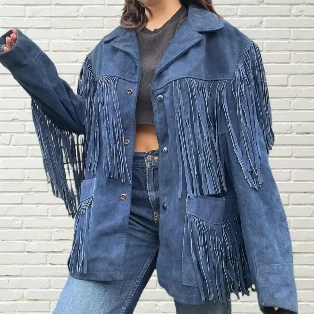 Blue Suede Fringe Jacket Women Western Cowgirl Leather Coat