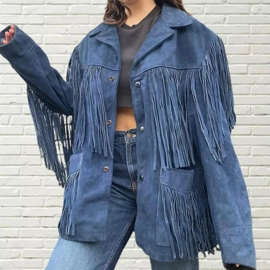 Blue Suede Fringe Jacket Women Western Cowgirl Leather Coat