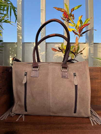 Suede Leather Tote for Women with Fringe Detailing