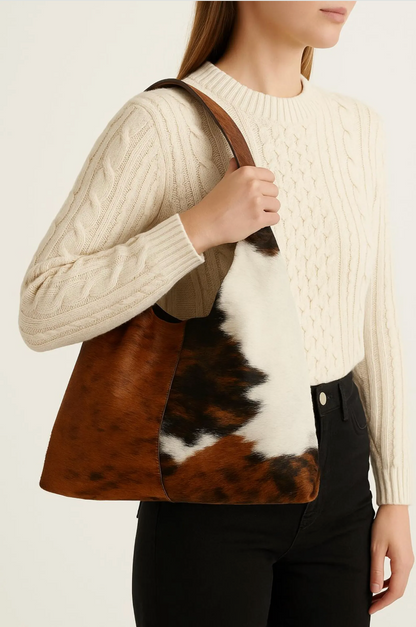 Brown white cowhide shoulder tote bag