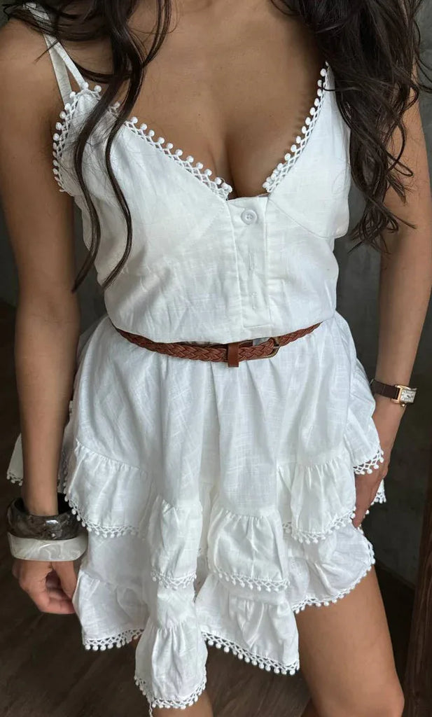 Summer white lace trim belted mini dress