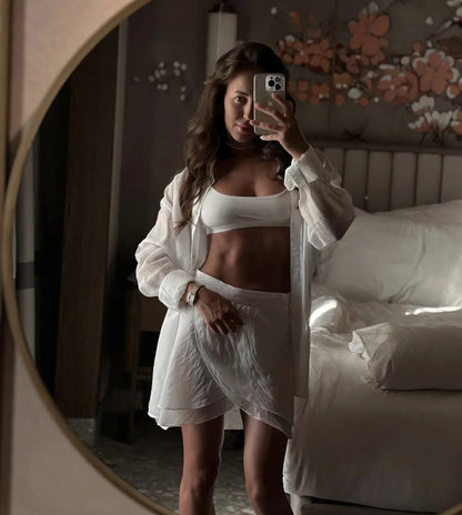 Beach sun protection shirt dress set White