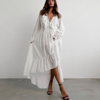 White off shoulder chiffon maxi ruffle dress