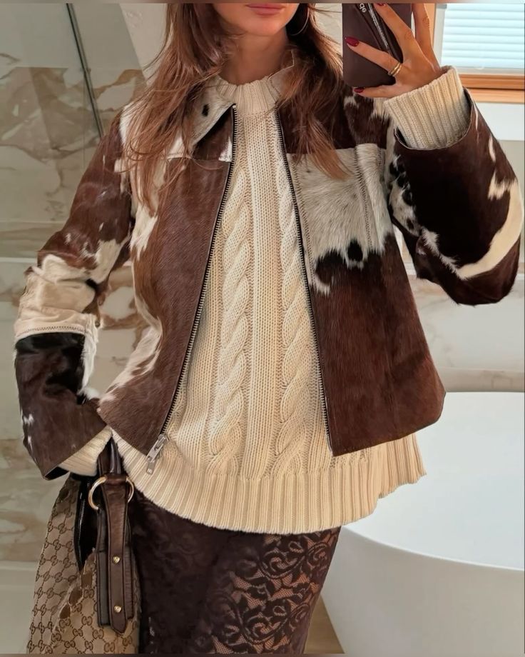 Brown cowhide jacket women western pony coat
