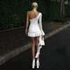 One shoulder lace mini dress ruffle hem white