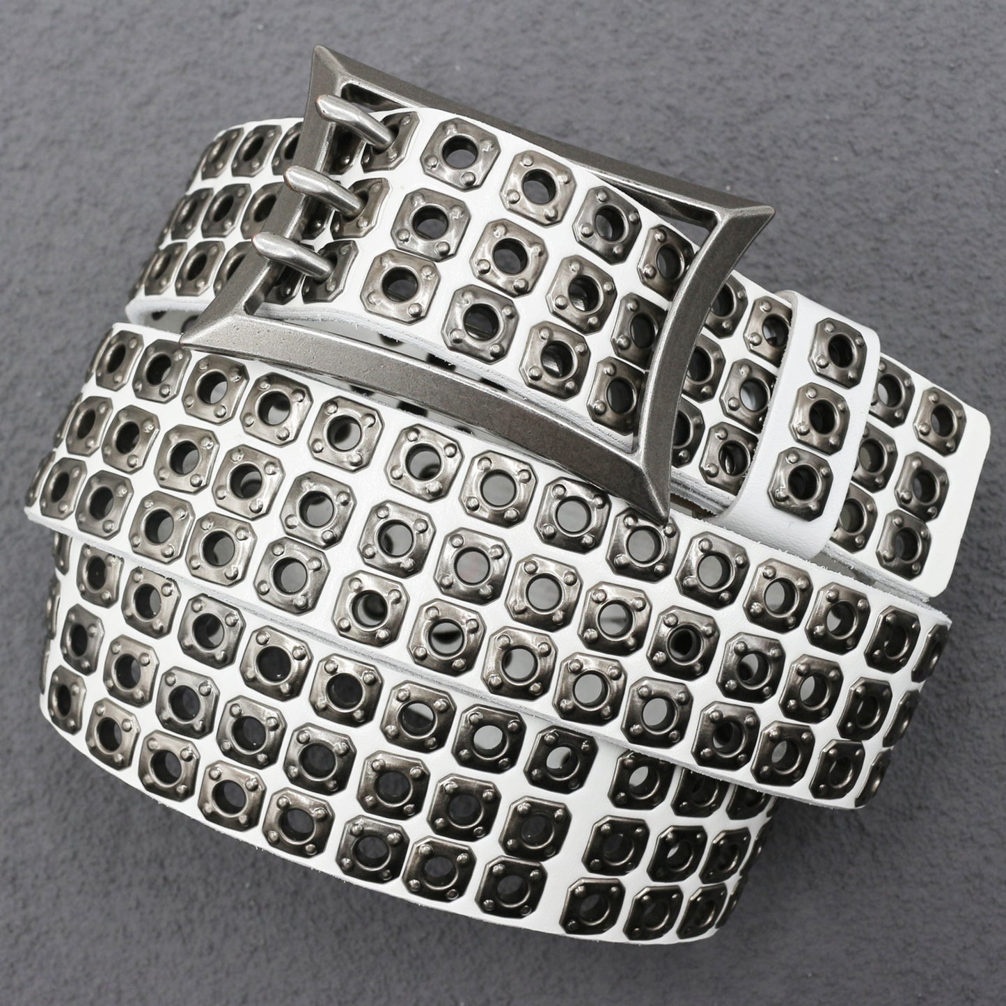 Punk studded wide leather belt with rivets White 105 cm