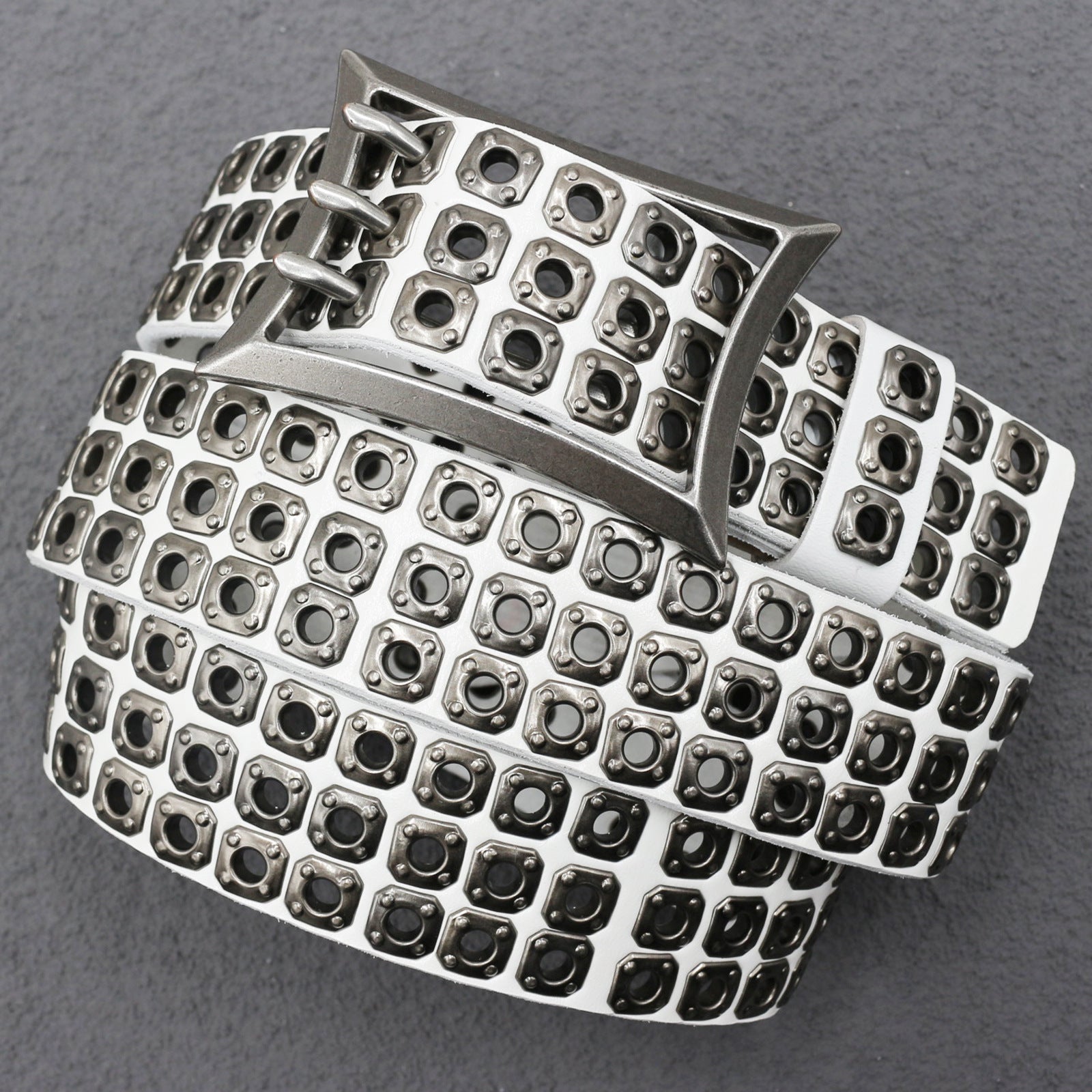 Punk studded wide leather belt with rivets White 105 cm