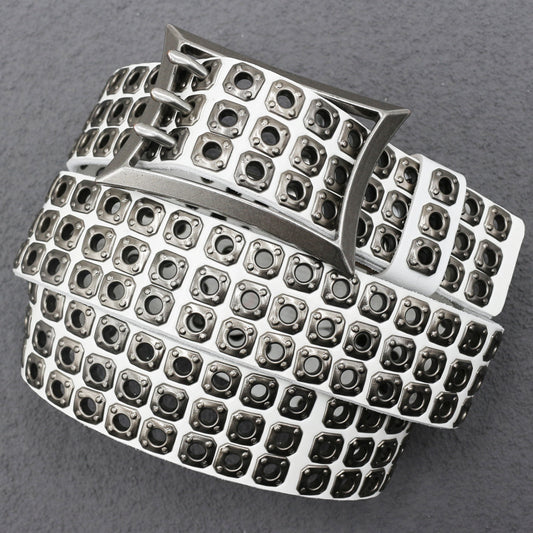 Punk studded wide leather belt with rivets White 105 cm