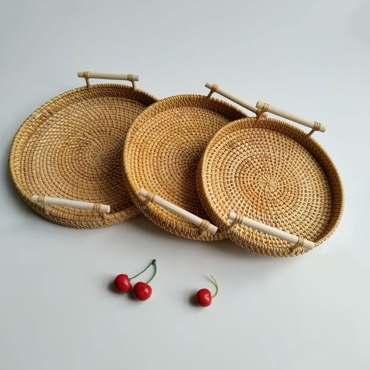 Round rattan tray set with white handles