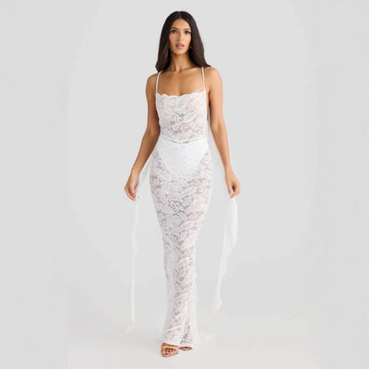 Backless lace maxi dress with ribbon straps for women White S