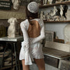 white lace backless mini dress long sleeve slim fit