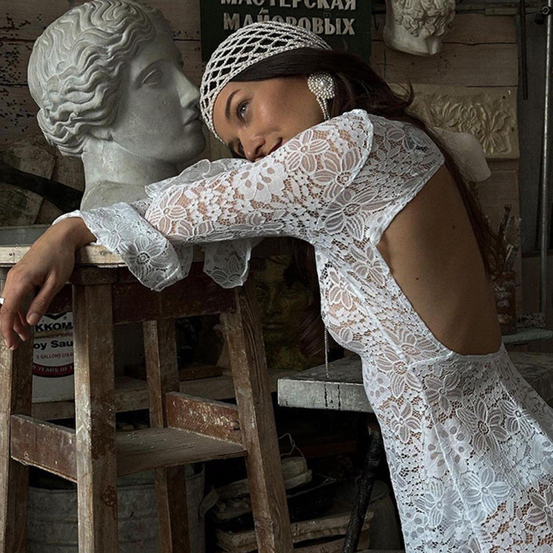 white lace backless mini dress long sleeve slim fit