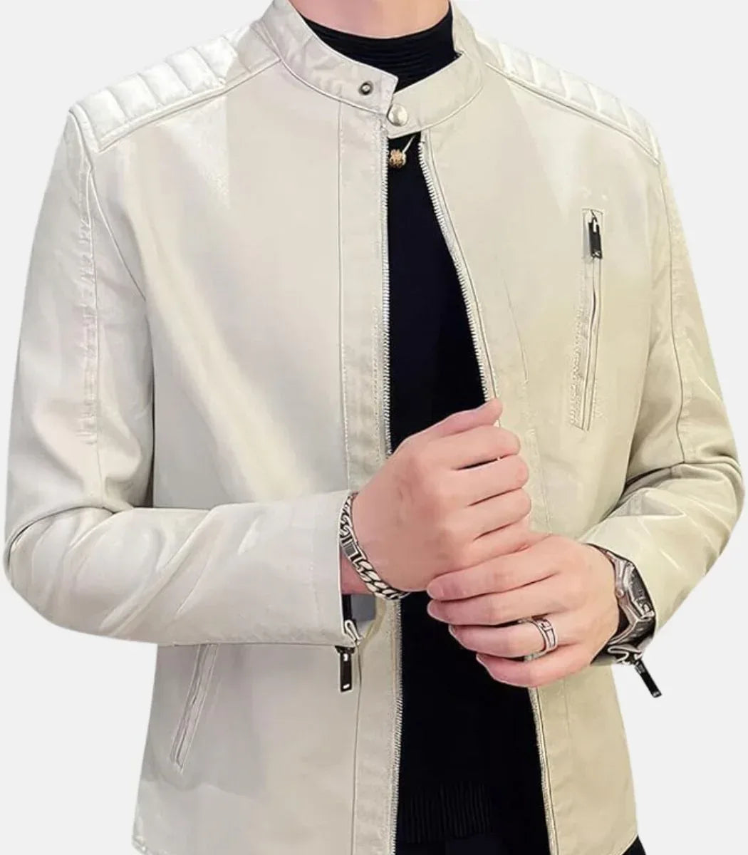 Mens White Leather Jacket Slim Fit Zip Style
