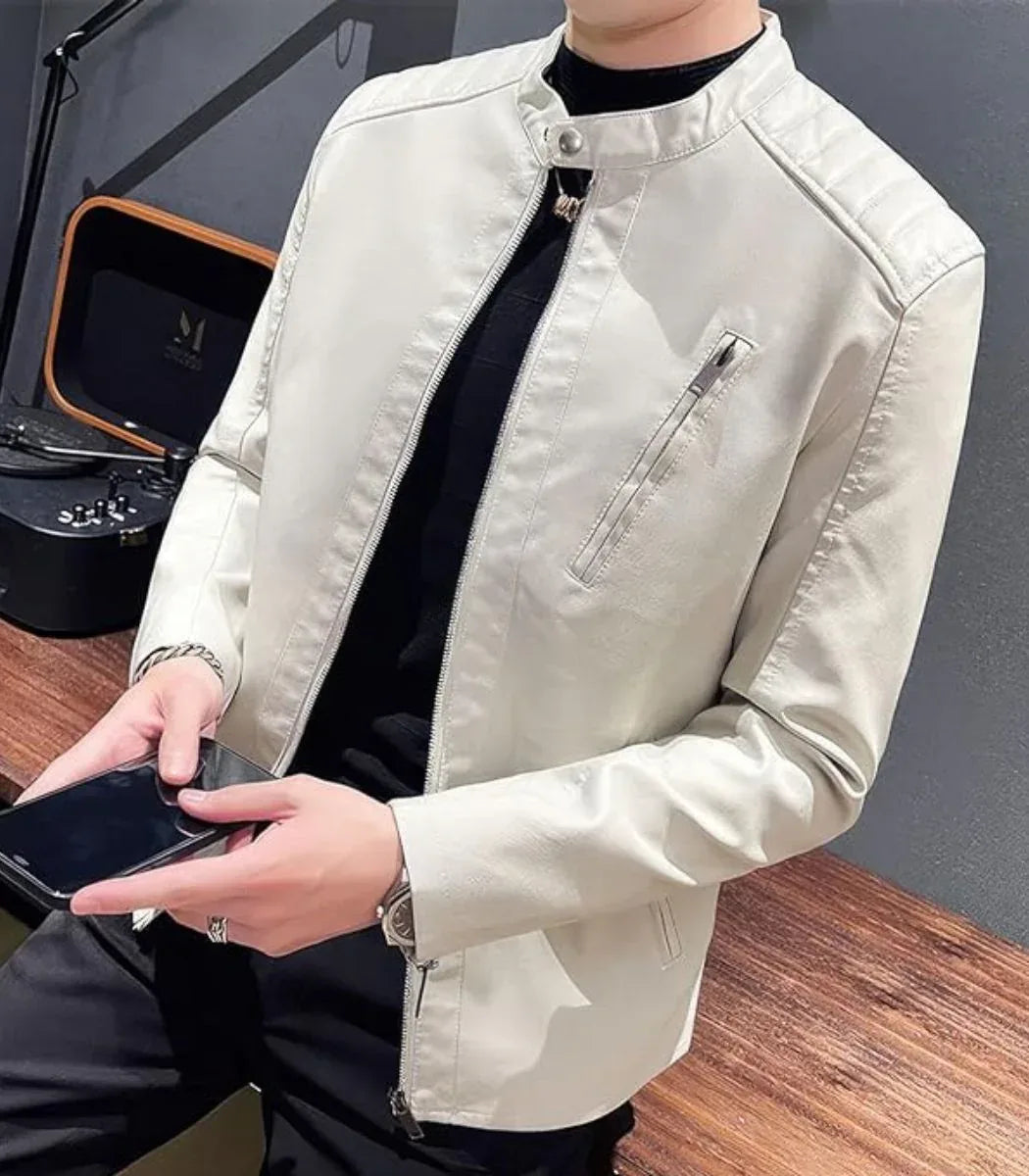 Mens White Leather Jacket Slim Fit Zip Style