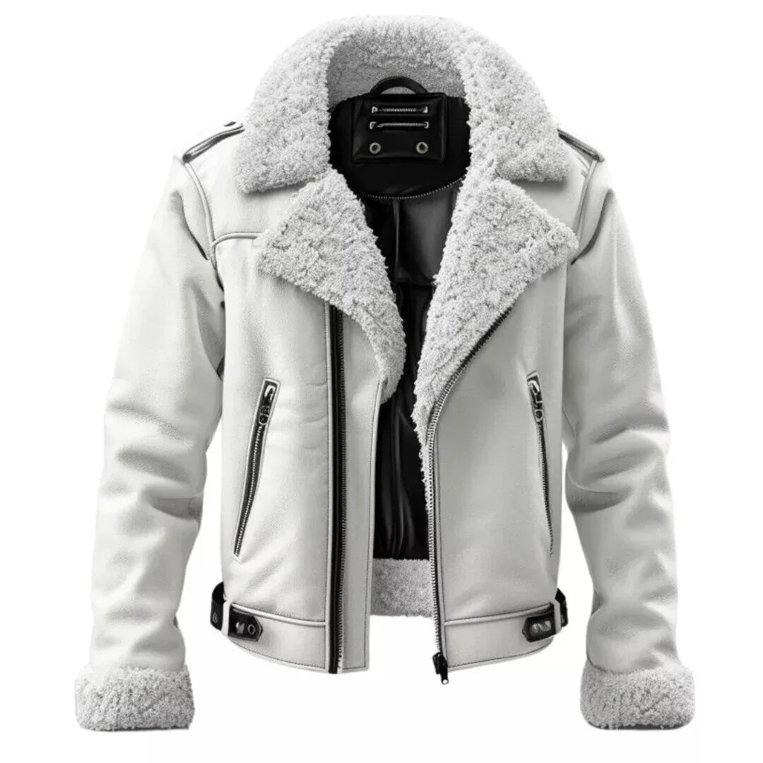 White Shearling Leather Jacket for Men with Fur