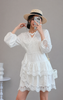 White linen lace v neck resort dress breathable summer mini 2 S