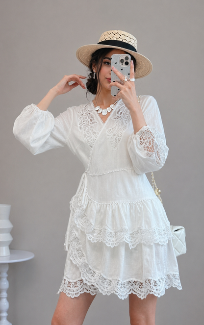 White linen lace v neck resort dress breathable summer mini 2 S