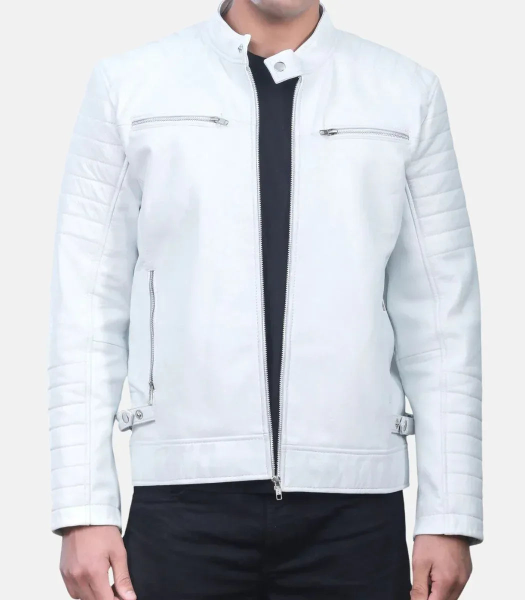 white leather jacket mens zip quilted shoulder style