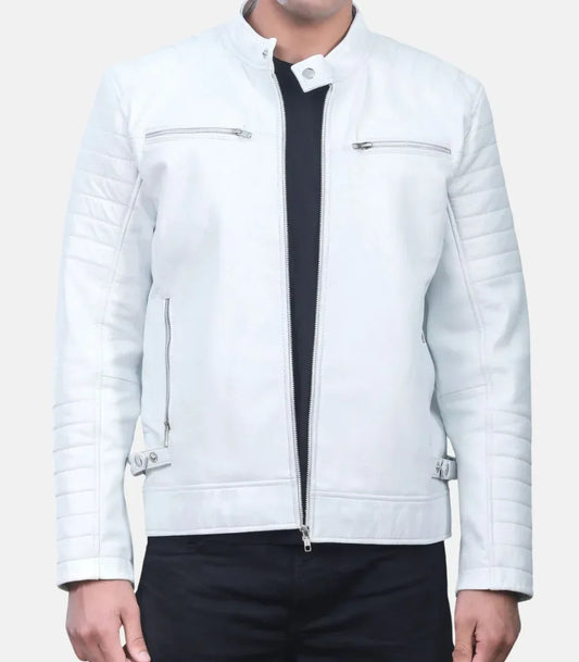 white leather jacket mens zip quilted shoulder style