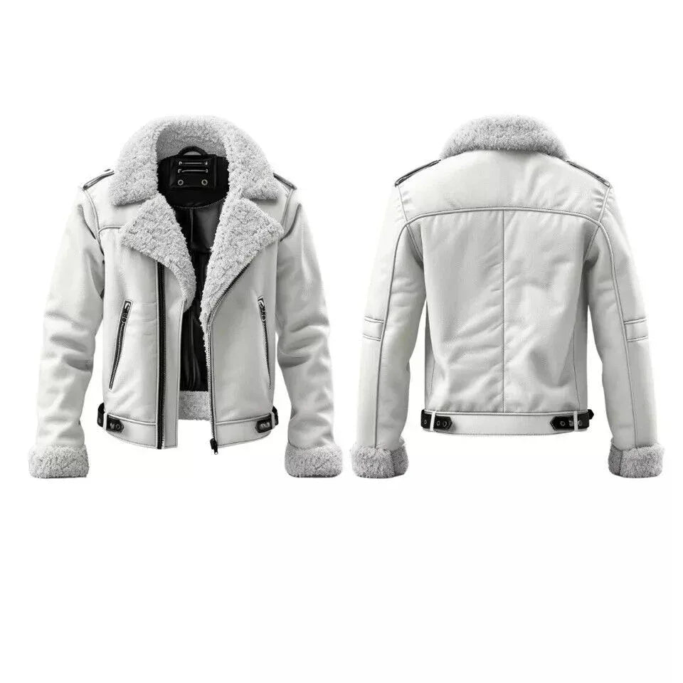 White Shearling Leather Jacket for Men with Fur