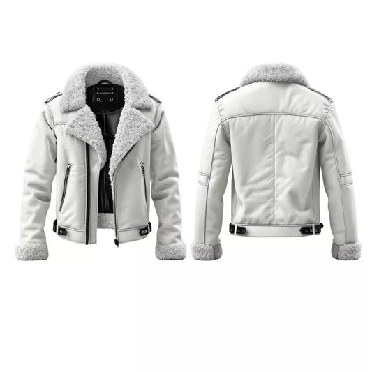 White Shearling Leather Jacket for Men with Fur