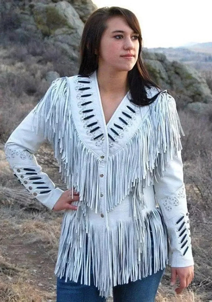 White Suede Fringe Jacket Womens Western Native American Style